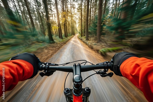 Riding fast on bicycle, POV, Original point of view, Cycling on rural and forest roads.