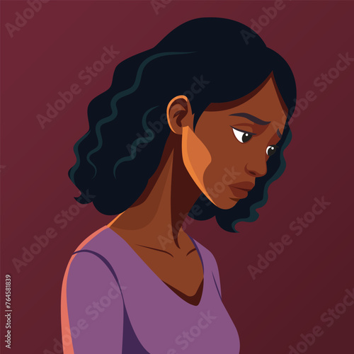 A sad dark-skinned woman, with a bowed head, pictured from the side.