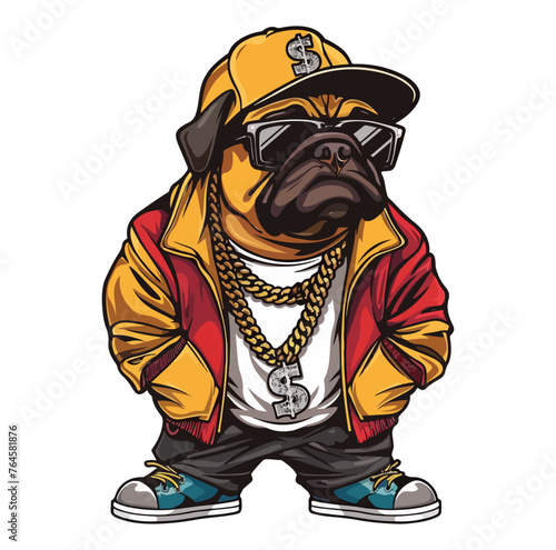 hip hop bulldog wearing sunglasses and gold necklace