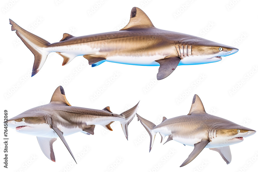 Fototapeta premium Collection of shark fishes In different view, Front view, side view, rear view isolated on white background