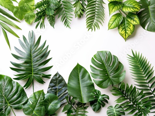 Tropical leaves and greenery backdrop enhance eco-friendly houseplants decor in a wellness space.