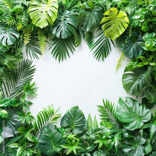 An eco-chic indoor oasis showcasing tropical greenery on a white backdrop  promoting sustainable living and biophilic design.