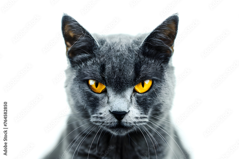 Gray cat with yellow eyes looking forward against isolated on white background