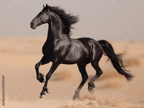Black horse runs on the sand in the desert