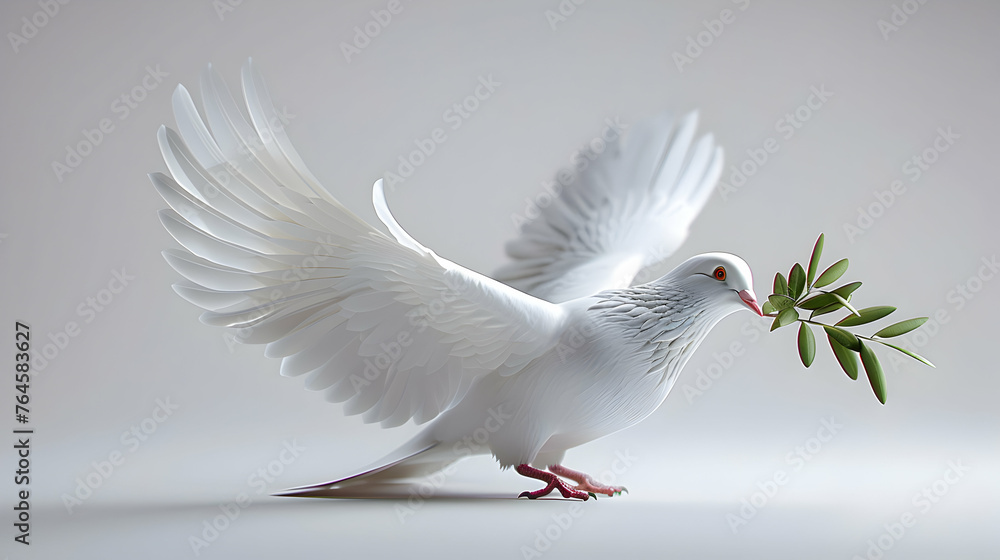white dove of peace with a green branch in beak, christian symbol