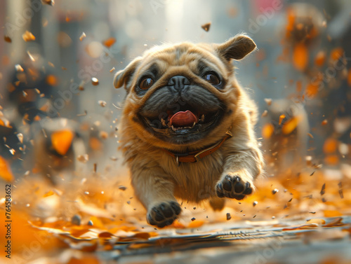a fat pug dog running past the art direction