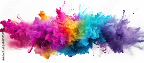 A vibrant cloud of paint is being blended into a plain white surface