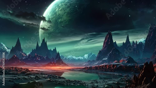 Fantasy alien planet. Mountain and sky. 3D illustration, Fantasy alien planet depicted through digital painting, 3D illustration, AI Generated photo