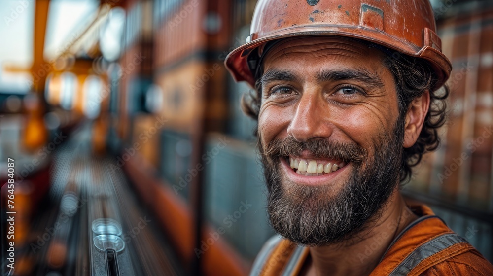 A man with a beard and a hard hat is smiling. He is wearing an orange vest. The man is happy and he is enjoying his work A man with a beard and a hard hat is smiling. He is wearing an orange vest. The man is happy and he is enjoying his work