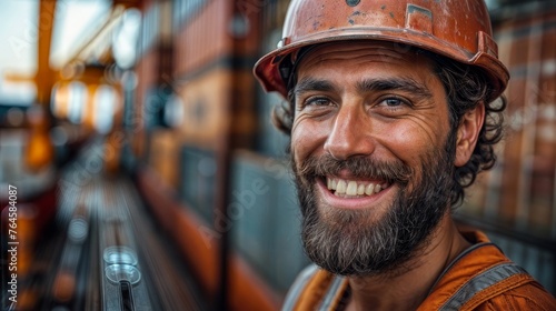 A man with a beard and a hard hat is smiling. He is wearing an orange vest. The man is happy and he is enjoying his work © mariodelavega