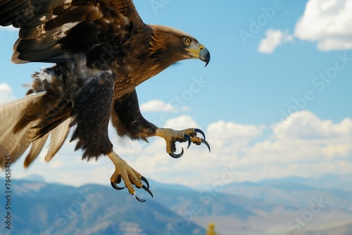 close view of flying eagle, sharp talons ready, with distant mountains © primopiano