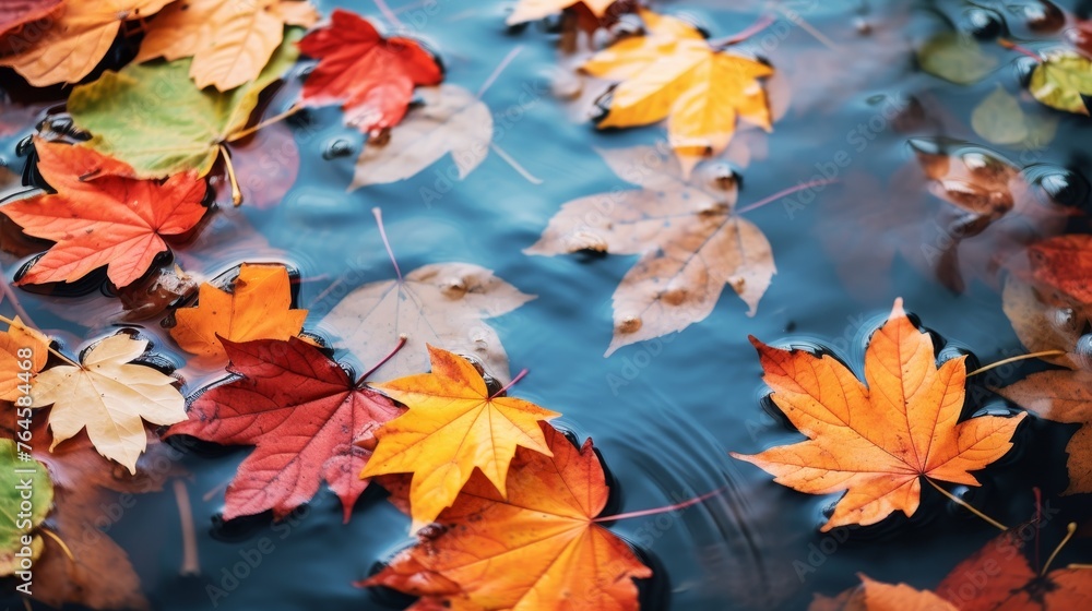 Colorful fall leaves in pond lake water with floating autumn wet leaves Colorful fall leaves in pond lake water with floating autumn wet leaves