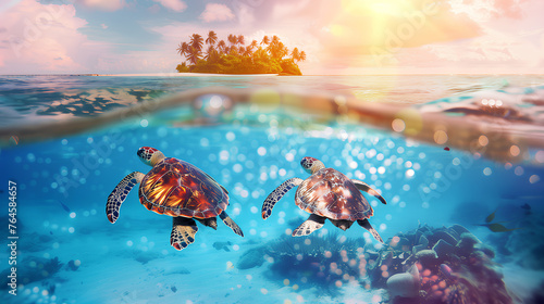Two turtles swimming in the ocean. The water is blue and the sky is pink