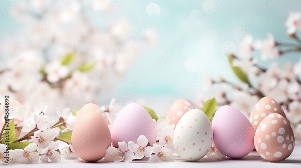 Easter Joy Composition : Colorful pastel easter eggs with spring blossom flowers on soft background Easter Joy Composition : Colorful pastel easter eggs with spring blossom flowers on soft background
