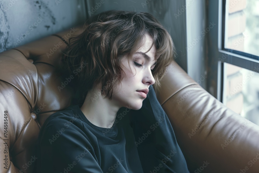 Depressed young woman in her twenties, sad and unhappy, sitting on a sofa. Break-up sadness. Depressed young woman in her twenties, sad and unhappy, sitting on a sofa. Break-up sadness.
