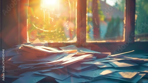 Sunlight streaming through a window onto a pile of brainstorming notes, symbolizing inspiration