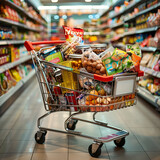 Shopping cart with full of products in supermarket