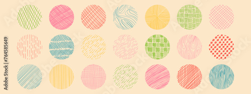 Vector freehand textures set with different hand drawn circle patterns. Vector scribble, horizontal and wave strokes collection.
