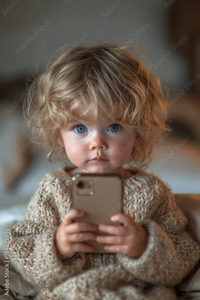 Little boy is sitting on bed and playing with smartphone Little boy is sitting on bed and playing with smartphone