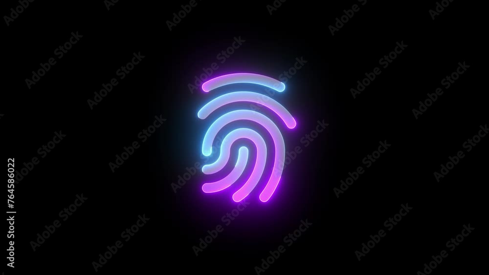 Neon fingerprint icon cyan purple color glowing animated black background Neon fingerprint icon cyan purple color glowing animated black background