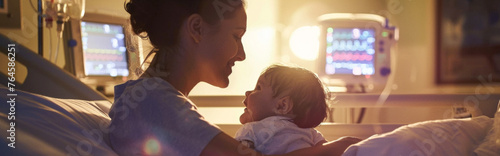 Portrait of mother and her newborn baby in hospital ward at night
 photo