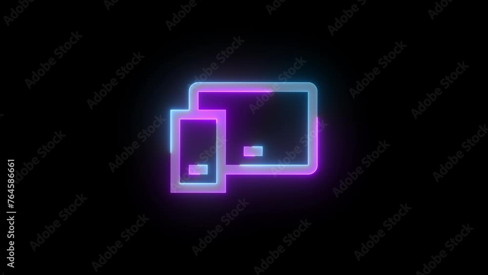 Neon mobile tablet icon cyan purple color glowing animated black background Neon mobile tablet icon cyan purple color glowing animated black background