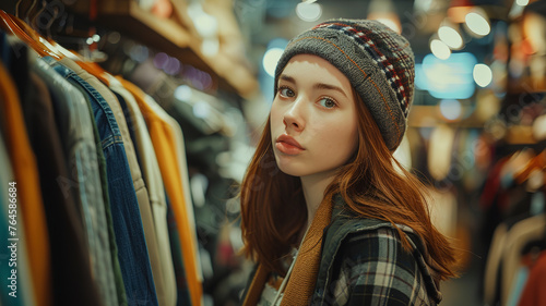 pretty young woman shopping at a clothing store, young girl in the shop, pretty woman portrait