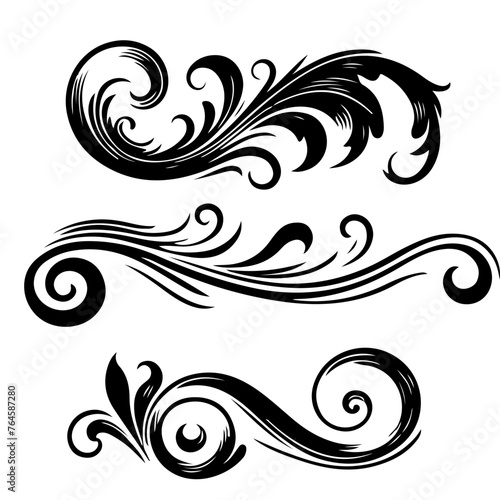 elegant swirls damask with floral flower hand draw orange black line style element illustration on white background