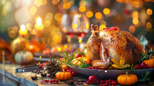 A majestic turkey sits on a table surrounded by flickering candles, creating a warm and festive Thanksgiving ambiance