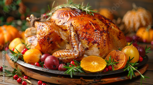 A beautifully presented roasted turkey adorned with vibrant oranges and cranberries sits on a platter, exuding warmth and fragrance in a festive Thanksgiving setting