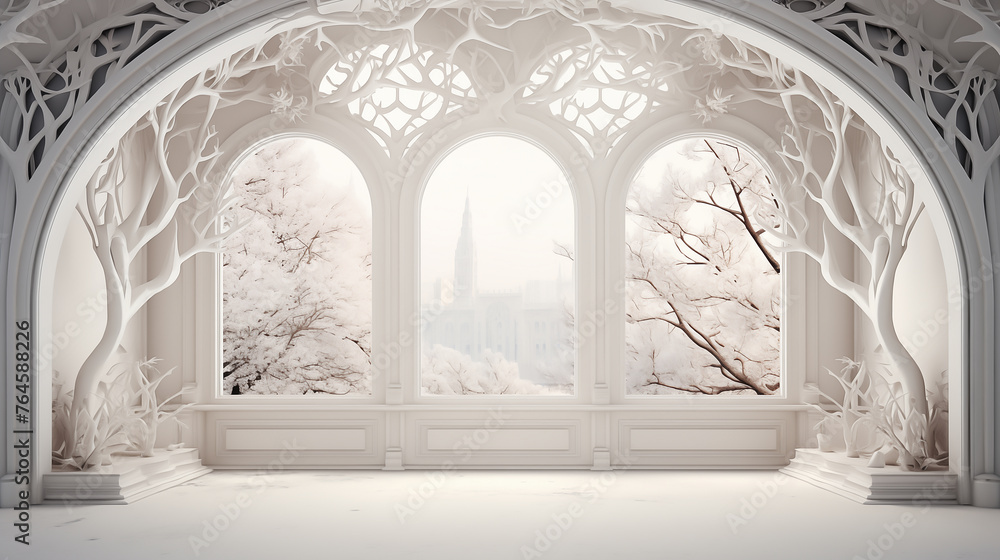 surreal landscape, a white room with windows with wooden arches, in the style of intricate cut-outs, smooth and shiny