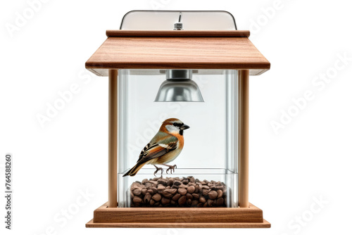 Majestic Bird Perched Atop Lush Bird Feeder. On White or PNG Transparent Background.. photo