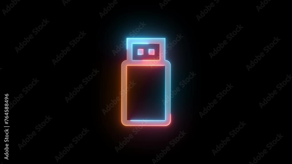 Neon USB icon brown cyan color glowing animated black background Neon USB icon brown cyan color glowing animated black background