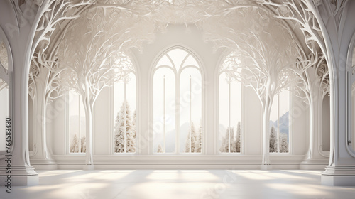 surreal landscape, a white room with windows with wooden arches, in the style of intricate cut-outs, smooth and shiny