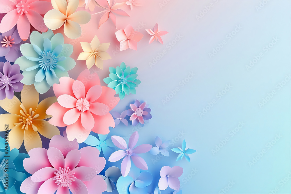 Colorful flowers made of paper on a soft blue background.