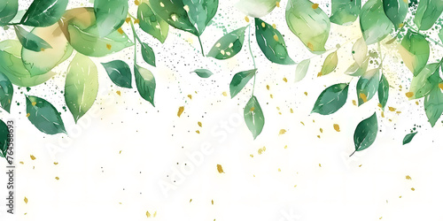 Watercolor soft green leaves with abstract gold wave lines on a white background. This abstract art banner vector illustration is designed for artwork posters or web templates.