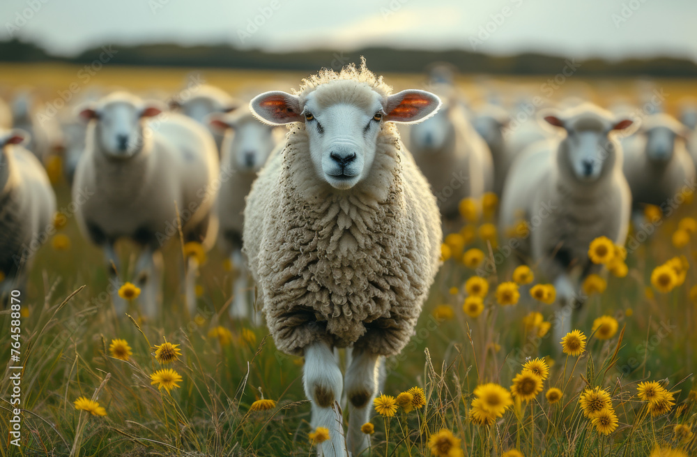 Fototapeta premium Sheep stands in field of yellow flowers
