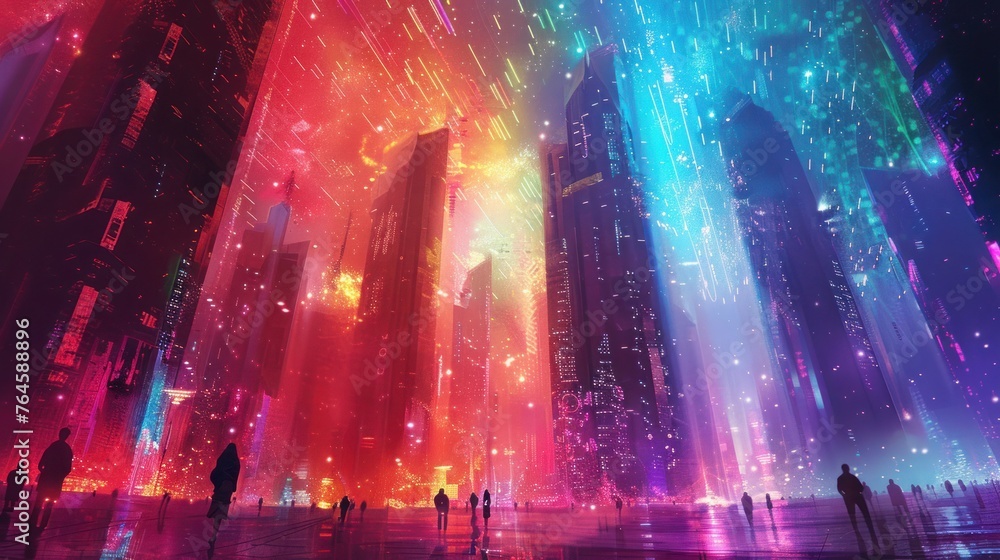 custom made wallpaper toronto digitalCityscape at night with fractal starscape elements, neon colors and cyberpunk style. Futuristic metropolis.