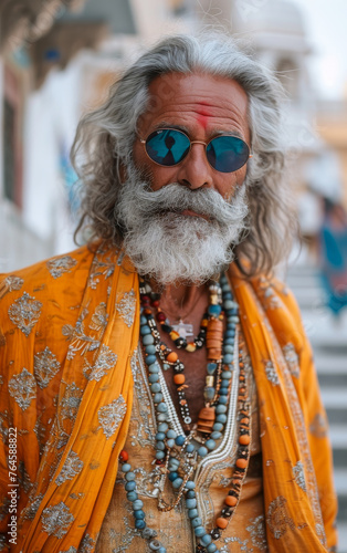 Portrait of sadhu with beard in yellow robe and sunglasses photo