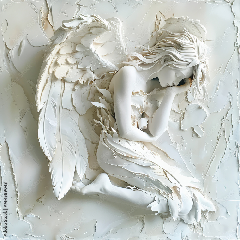 image of an angel on the wall, stucco molding in white, 3D art in a modern interior