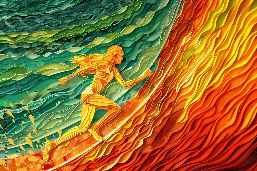 A collage of a girl running on a treka track, the dominant colors are yellow, orange and green