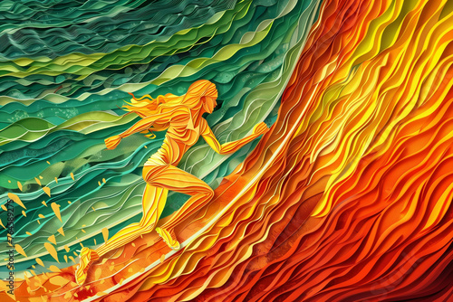 A collage of a girl running on a treka track, the dominant colors are yellow, orange and green photo