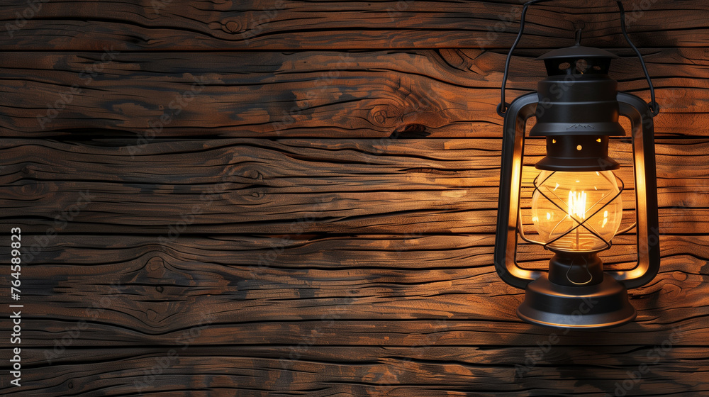 A vintage lantern hangs against a weathered wooden background