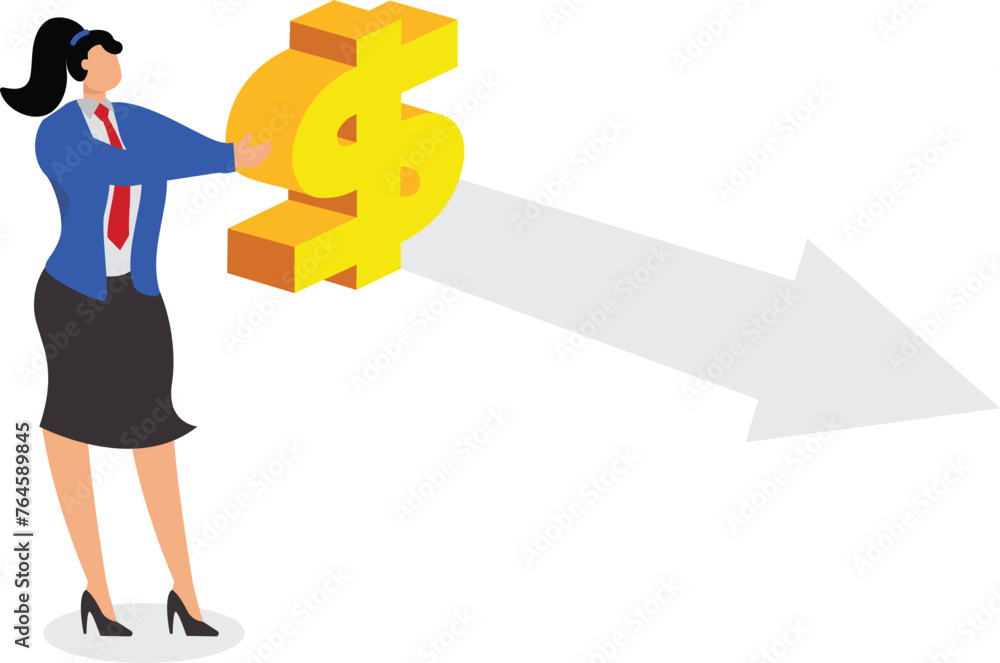 Rising dollar, rising investment profits or financial rates, elevated or improving business sales, isometric businesswoman hand holding the dollar sign and rising shaded arrow Rising dollar, rising investment profits or financial rates, elevated or improving business sales, isometric businesswoman hand holding the dollar sign and rising shaded arrow