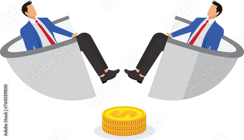 Laziness, not working even if poor, negative attitude towards life, giving up pursuits and ideals, compromising on life, businessmen lying asleep inside the broken and penniless bowl