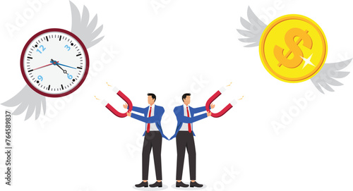 Save money and time, avoid wasting time and money, maximize business losses, financial or economic losses, time and money, businessmen struggle to pull back the clocks and gold coins that fly away