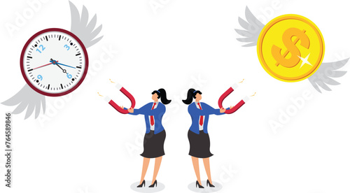 Save money and time, avoid wasting time and money, maximize business losses, financial or economic losses, time and money, businesswomen struggle to pull back the clocks and gold coins that fly away
