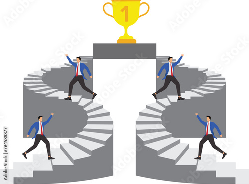 Business or professional competition, competition for the first place or championship trophy, motivation or desire for success, challenge for success, four businessmen competing to climb the ladder to