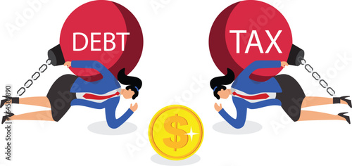 Debt and tax, heavy debt and tax burden, loans and mortgages, isometric frustrated businesswomen and heavy huge debt tax iron ball tied together