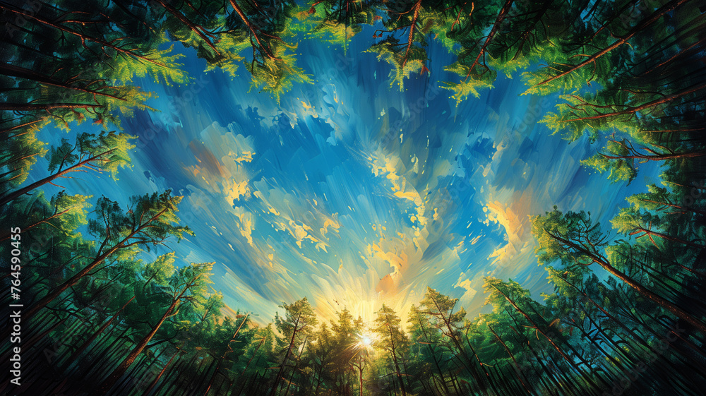 A painting of a forest with a blue sky and a sun in the middle